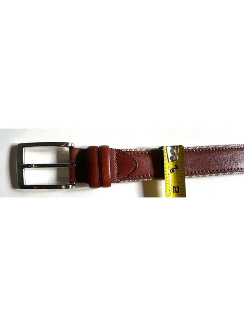 Brown Leather & Canvas Handcrafted Belt Made In Italy With Silver Buckle Size 44